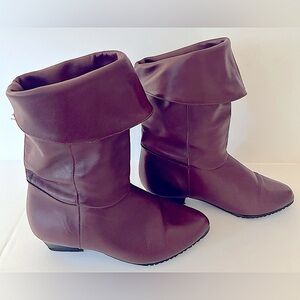 Women’s Burgundy Fold Down Mid Calf Faux Leather Block Heel Boots